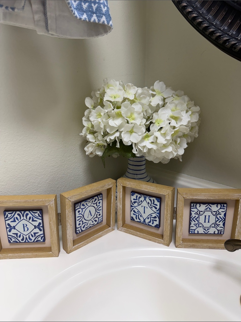 ❤️3 for $15❤️ Bathroom decoration, four blue and white tiles in frames.